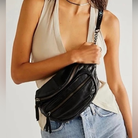 Free People Studded Archer Sling Bag Black Leather Crossbody Bag - Picture 1 of 16